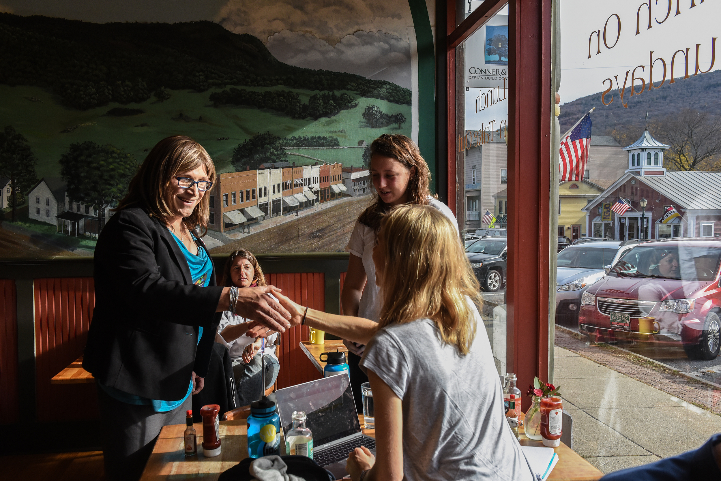 BRISTOL, VT - NOVEMBER 04: Democratic Gubernatorial Candidate Christine Hallquist campaigns in a local cafe on November 4, 2018 in Bristol, Vermont. Hallquist made history in August after winning the Democratic nomination, becoming the first openly transg
